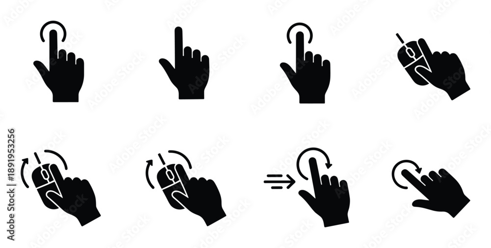 Fototapeta premium Mouse and hand cursor icons set vector for device control interactive touching and pointing