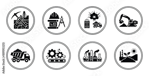 Mining industry stages of extraction process from exploration and drilling to reclamation icons
