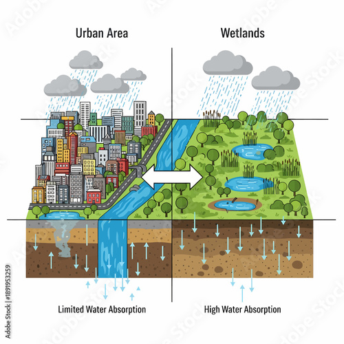 Urban vs Wetland Water Absorption Diagram: Comparing Flood Management and Groundwater Recharge Infographic