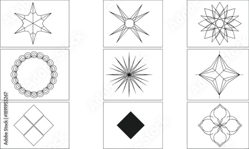 Minimal geometric vector icon set with stars diamonds circular frames and abstract decorative line art