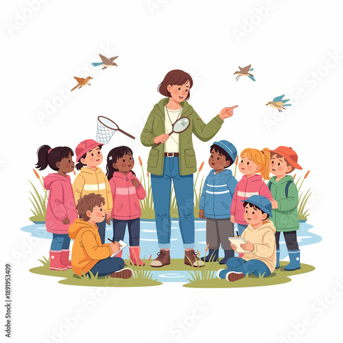 Diverse Kids Learning About Birds with Teacher at Wetland Pond Illustration Vector Art
