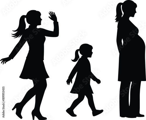 Female family life cycle silhouettes showing woman, girl and pregnant mother walking through growth stages isolated on white background