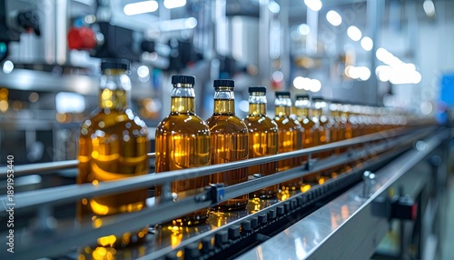 Wallpaper Mural Bottled Yellow Liquid on Automated Assembly Line at Factory Torontodigital.ca