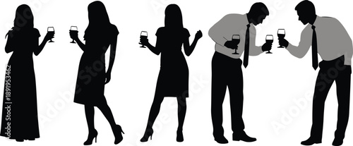 Elegant party silhouettes of men and women holding wine glasses, social gathering celebration concept isolated on white background