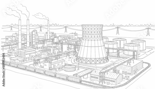 Industrial Power Plant, Energy Production, Urban Area, Illustration, Modern, Aerial View, Sustainability
