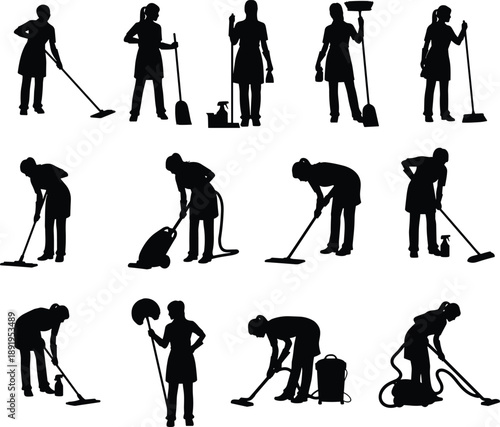 Cleaning service worker silhouettes set showing professional janitors using mops, brooms, vacuum cleaners and tools isolated on white background