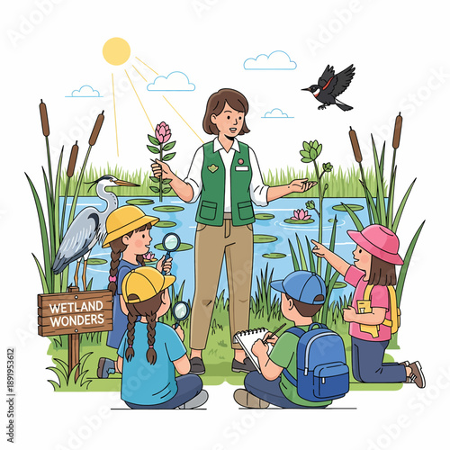Naturalist Educating Young Students on Wildlife and Wetland Ecology Illustration