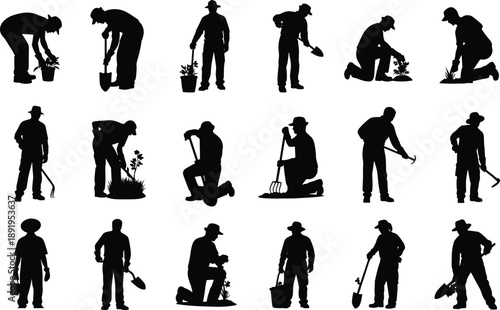 Gardener silhouettes set showing planting, digging, watering and soil preparation activities illustrating agriculture, landscaping, gardening tools, outdoor work concepts