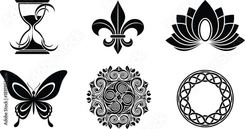 Ornamental symbolic vector icon set with lotus butterfly fleur de lis mandala hourglass and decorative motifs
