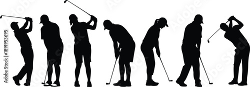 Golf player silhouettes set illustrating golf swing poses, sports action, professional golfers, outdoor recreation, training, competition, athletic lifestyle concept