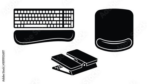 Set of keyboard palm rest mouse pad and footrest isolated on transparent background vector design