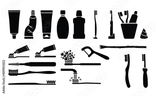 Set of vector toothbrush and toothpaste isolated on transparent background dental care