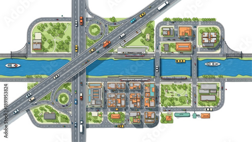 Urban cityscape with bridge, river, buildings, roads, and traffic from aerial view