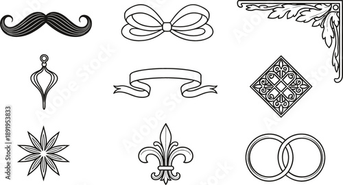 Vintage decorative ornament symbols set with ribbon bow mustache fleur de lis and classic design elements
