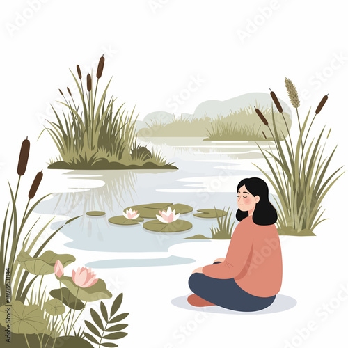 Peaceful Woman Meditating by a Wetland Pond with Cattails in Flat Illustration Style