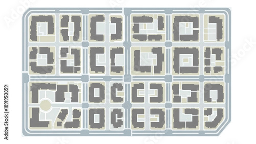Urban planning aerial view of a city block layout with buildings and streets