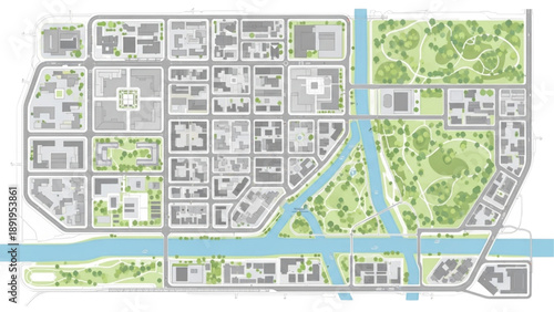 Urban planning aerial view of a city with green spaces and a river