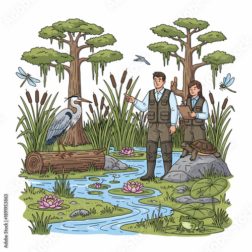 Environmental Scientists Studying Wildlife and Plants in a Lush Wetland Ecosystem Illustration