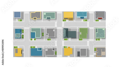 Aerial view of a neighborhood with residential houses and streets from above