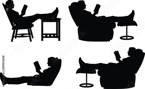 Relaxed people reading book silhouette set illustrating leisure, comfort, home relaxation, resting posture, lifestyle concept, quiet moments, indoor activity