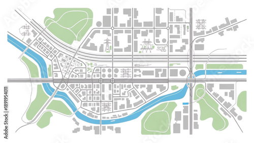 Detailed city map illustration showcasing modern urban planning with roads, rivers, and parks