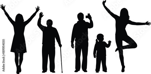 Happy family silhouettes waving hands illustrating joy, togetherness, generations, diversity, celebration, positive lifestyle concept, love, unity, happiness, people