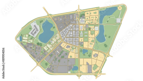 Detailed bird's-eye view of a modern urban planning concept for a sustainable city development project