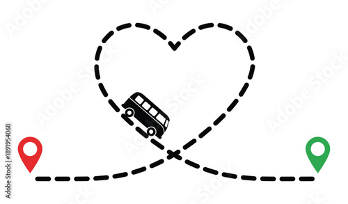 Travel bus heart route love adventure trip destination tourism pointer location black silhouette