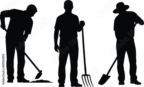Farmer silhouettes working with tools illustration showing agriculture labor, rural farming, gardening, planting, harvesting, manual work concept, outdoor