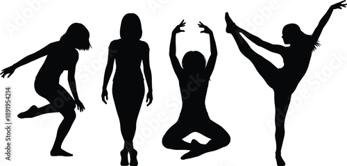 Female dancer silhouettes performing ballet, yoga and contemporary poses expressing grace, balance, flexibility and artistic movement on white background