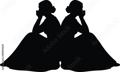 Abstract mirrored female silhouette illustration representing duality, twins, reflection, balance, symmetry, psychology concept, minimal black and white art