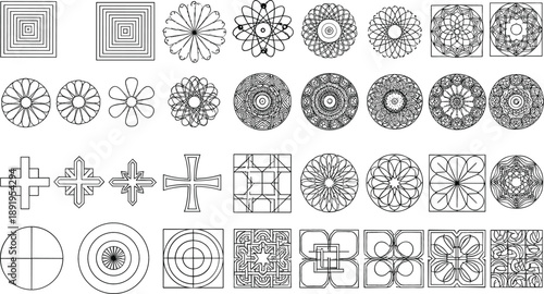 Geometric ornamental vector icon set with abstract circular square patterns mandalas crosses and detailed line art