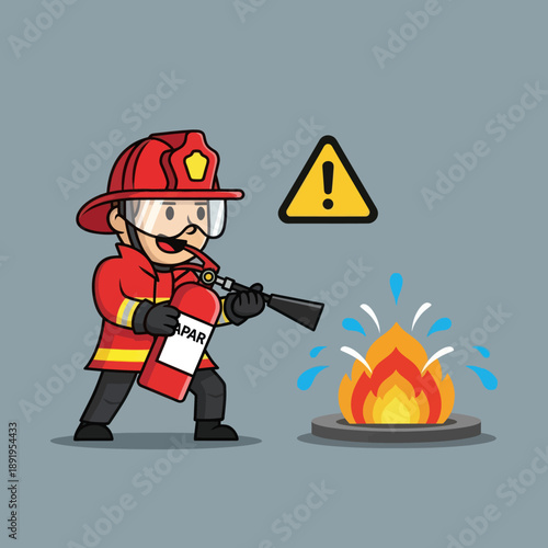 Firefighter Extinguishing Fire with Fire Extinguisher.