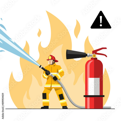 Firefighter Using Fire Extinguisher to Put Out Fire.