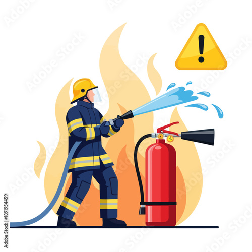 Firefighter Using Fire Extinguisher to Put Out Fire.