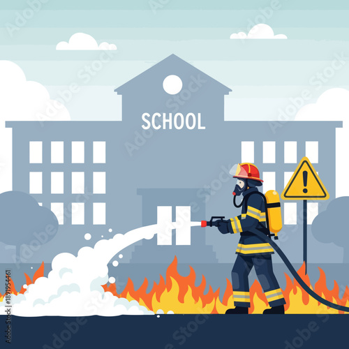 Firefighter Putting Out School Fire.