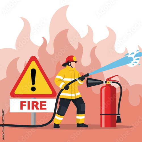 Firefighter using extinguisher to put out fire.