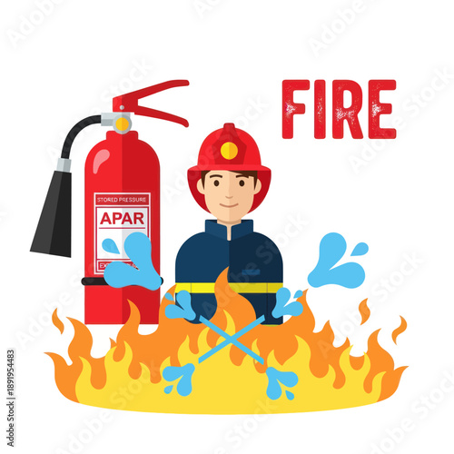 Firefighter with Fire Extinguisher and Flames.