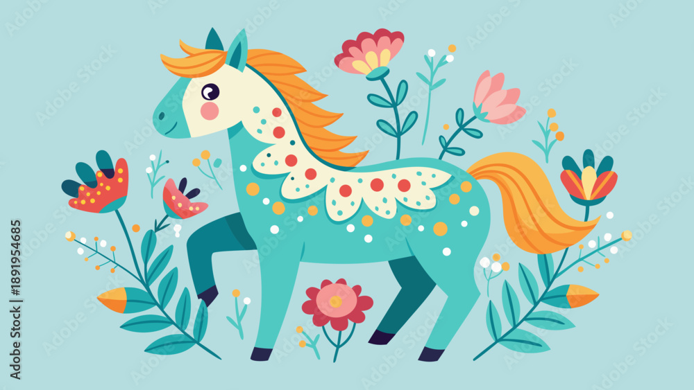 Obraz premium Playful cartoon horse with floral patterns and festive dots, minimal composition