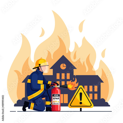 Firefighter Fighting Fire with Extinguisher.