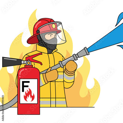 Firefighter in Action with Extinguisher.