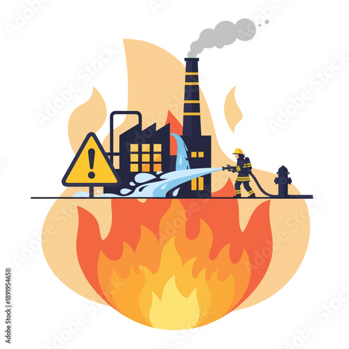 Firefighters battling industrial factory fire emergency.