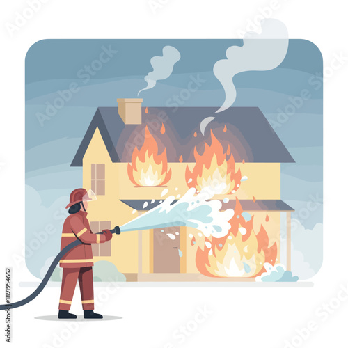 Firefighter Fighting House Fire with Water.