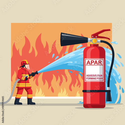 Firefighter Using Fire Extinguisher to Put Out Fire.