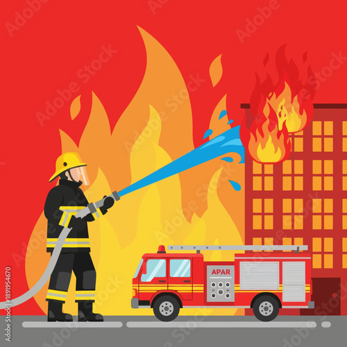 Firefighter Fighting Fire with Fire Truck.