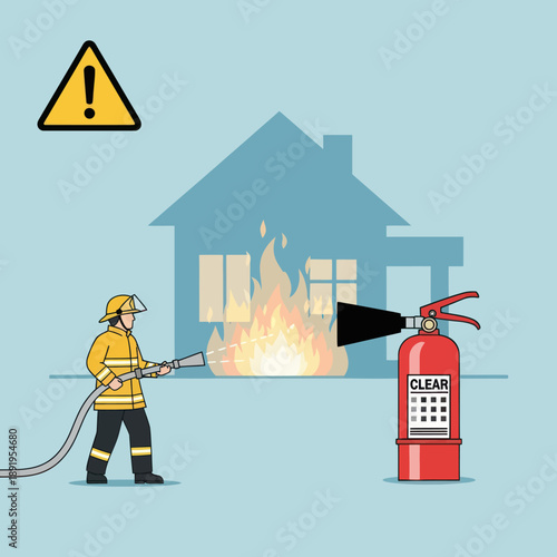Firefighter Using Fire Extinguisher on House Fire.