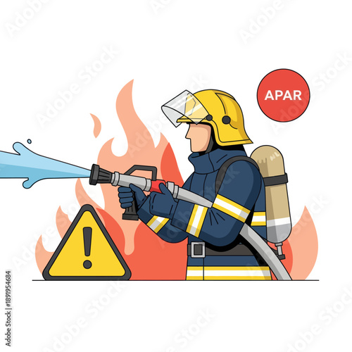 Firefighter in Action with Hose and Helmet.