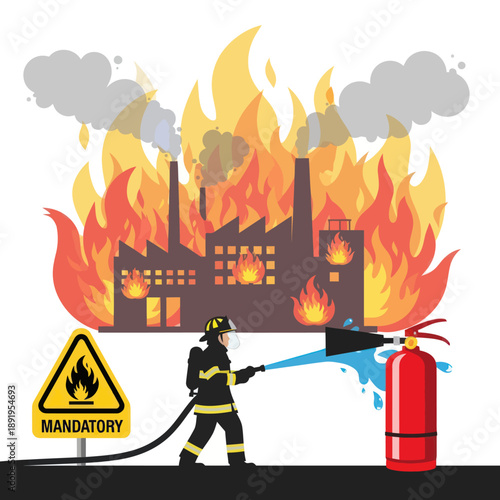 Firefighter Fighting Industrial Fire with Extinguisher.