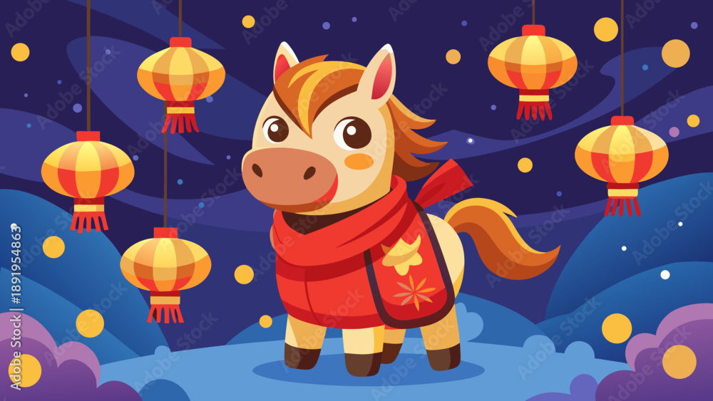 Naklejka premium Cute horse character wearing a small red scarf, surrounded by floating lanterns and sparkles