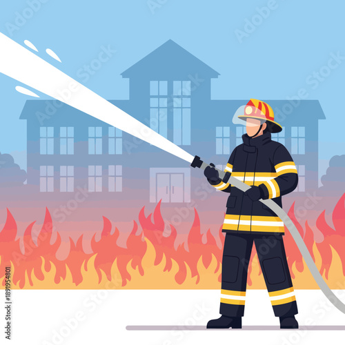 Firefighter Fighting Fire with Water Hose.